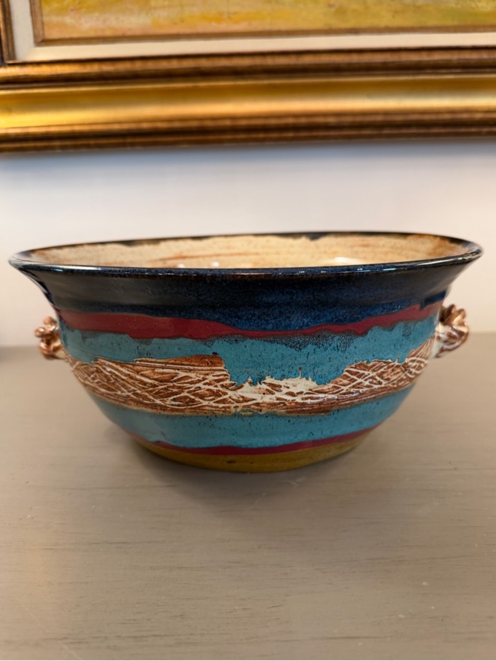 Artisan Studio Pottery Bowl Handles Blue Brown Tan Signed Muddy Hands 2007